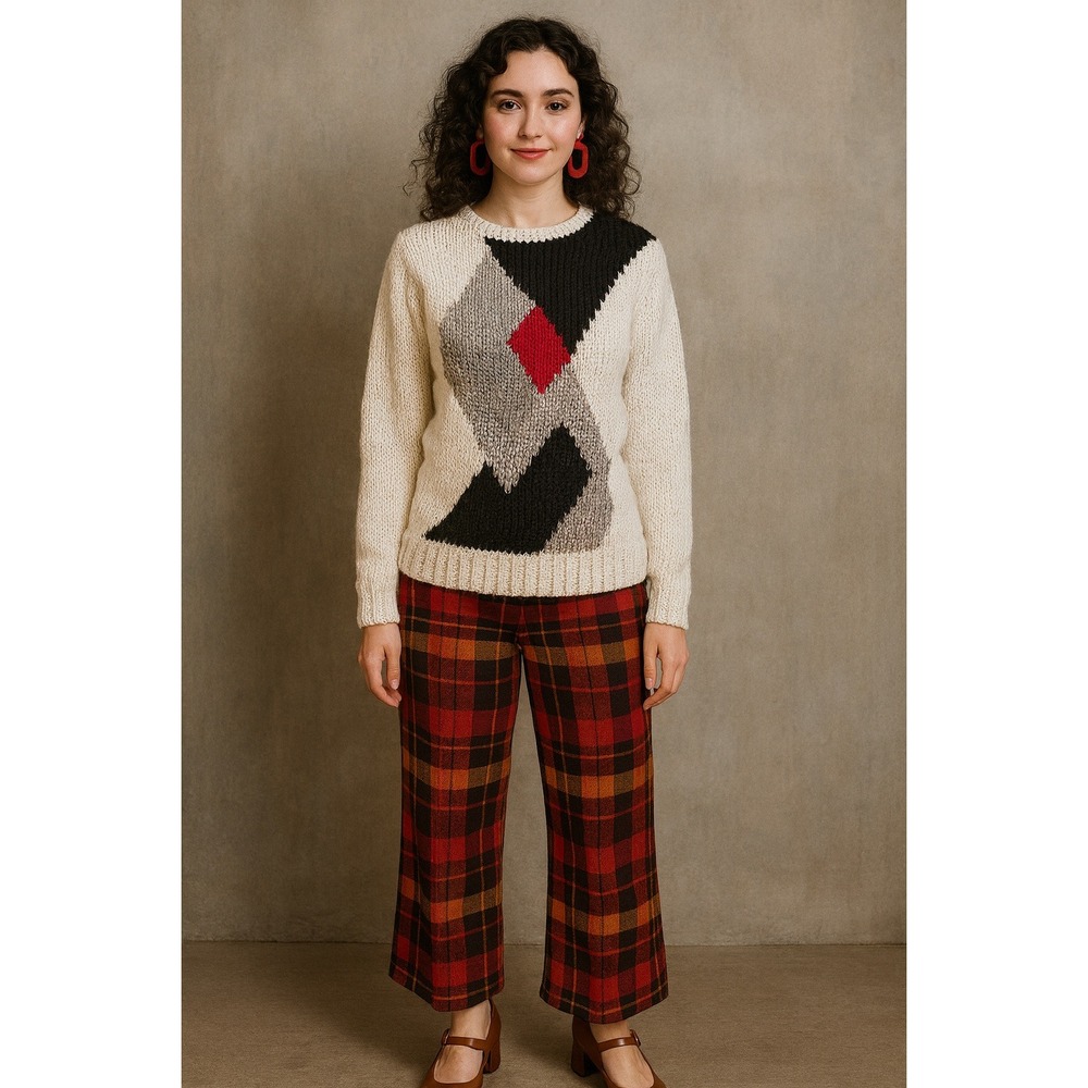 Retro Vintage Artsy 80s‎ Hand Knit Cream Black Gray Red L Sweater Argyle Diamond